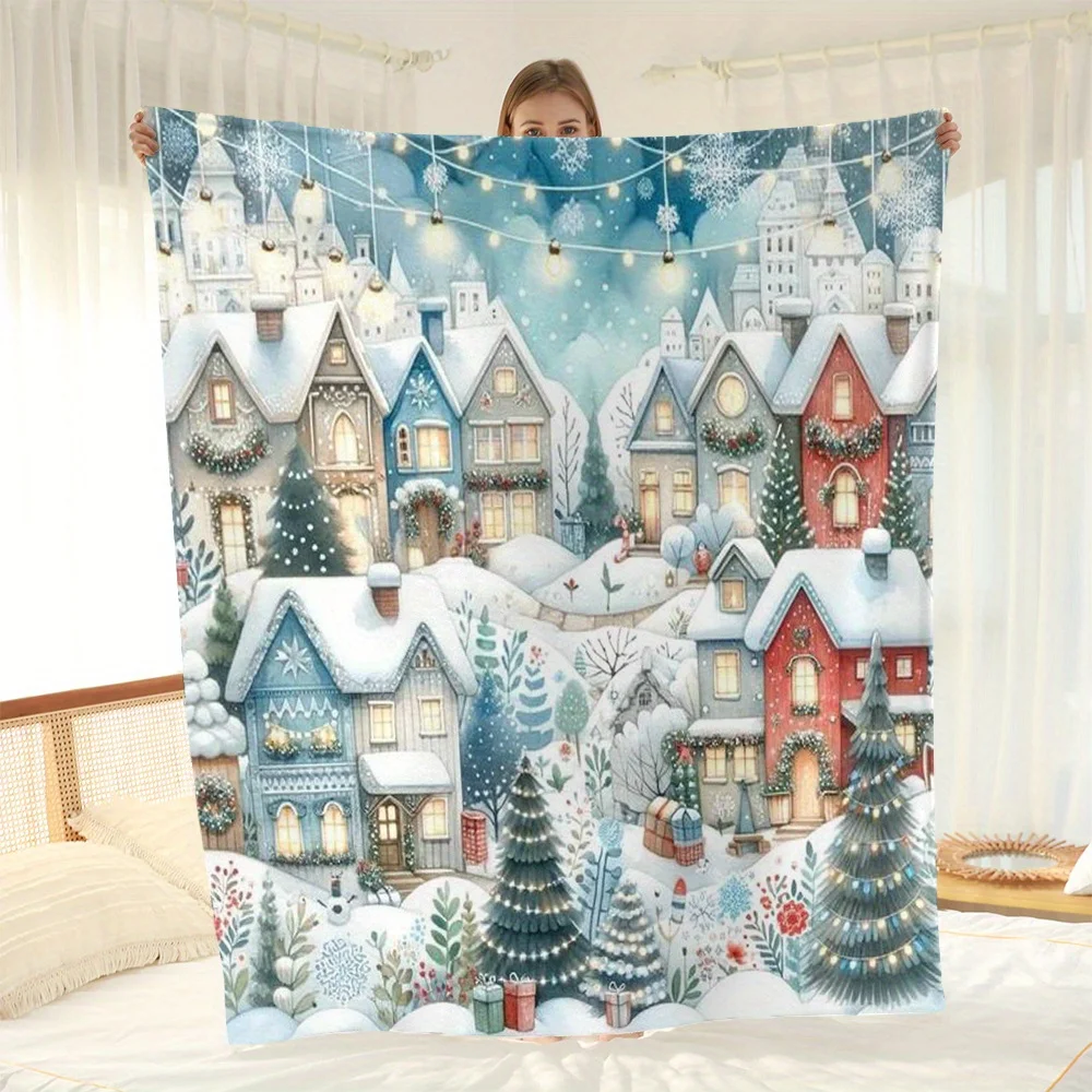Christmas Snow-Covered Manor Winter Flannel Blanket, Digitally Printed Sofa Throw, Air Conditioning Blanket, Nap Blanket, Double