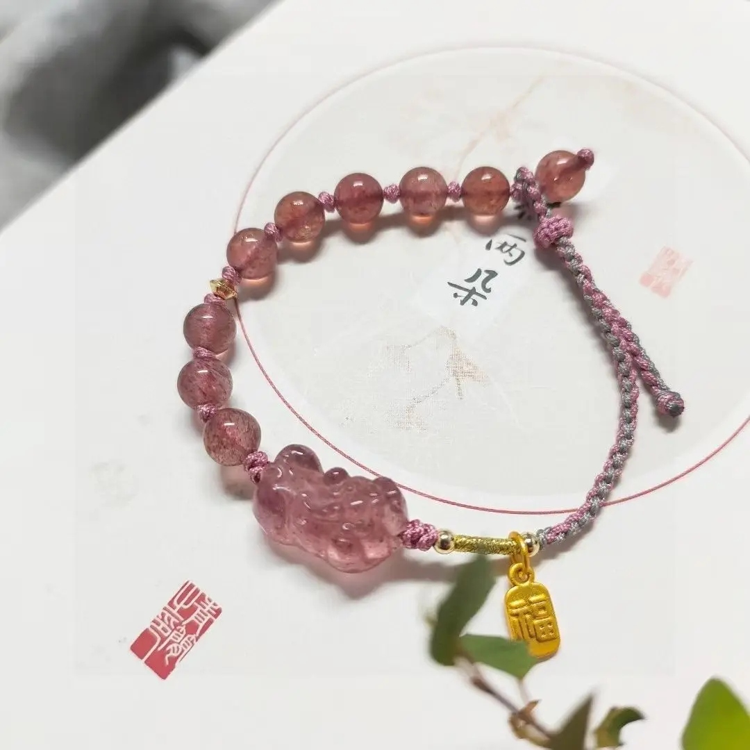 UMQ Original Niche Pure Natural Design Strawberry Quartz Fortune Fortune Fortune Hand Weaving Bracelet