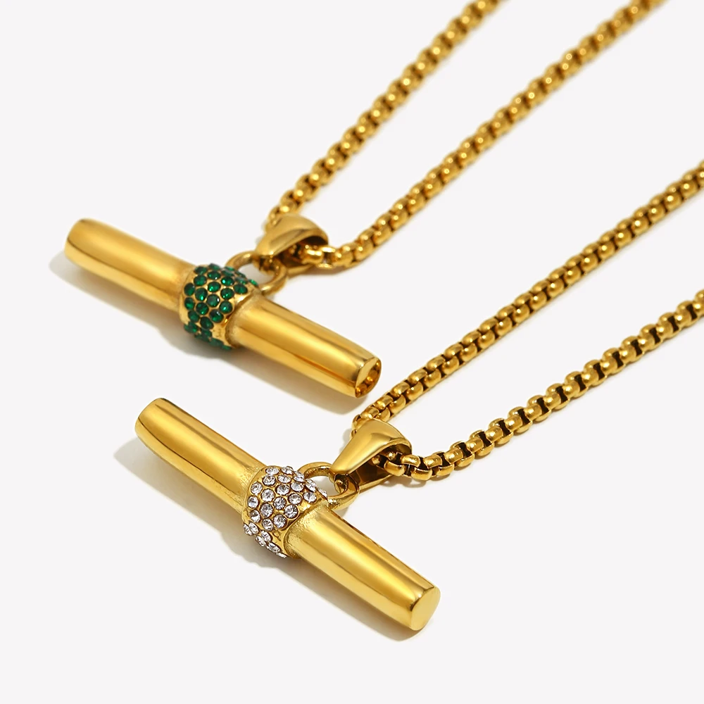 Green Crystal Color Rhinestone T Bar Pendant Square Pearl Chain Stainless Steel Gold Plated Necklace Wholesale Christmas Jewelry