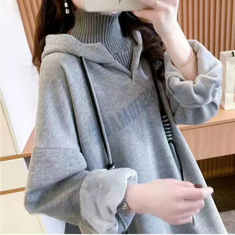 Autumn New Velvet Thickened Hooded High Neck Sweater Dress Women's Color Block Print Letter Drawstring Loose Mid Length Dresses