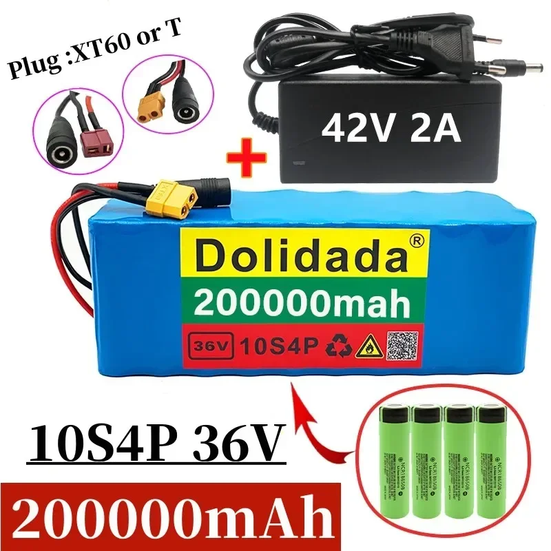 NEW 36V 10S4P 200Ah Lithium Battery Large Capacity for Electric Bike and Scooter with BMS XT60 Plug/T-plug and Charger Included