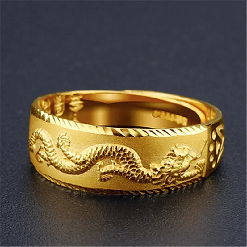 Anillo de oro de 24k para hombre, joyería ajustable de dragón de grabado de lujo, joyería de moda masculina, anillo de dedo de oro amarillo/blanco de dos colores, regalo