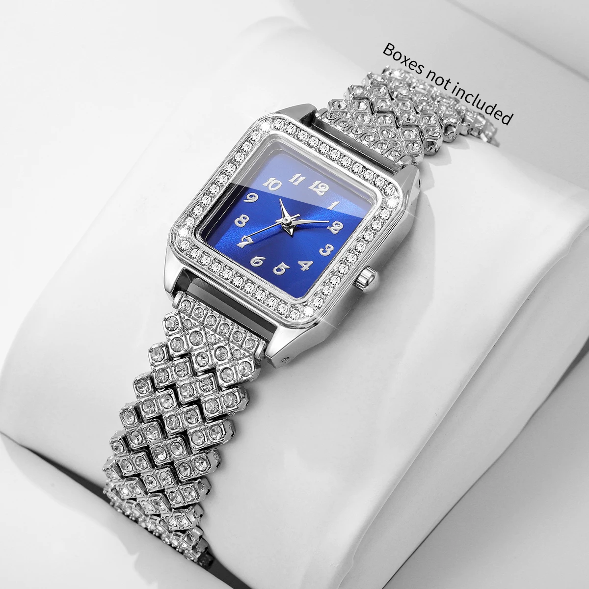 Fashion Rhinestone Square Women Watches Blue Dial Silvery Bracelet Ladies Dress Quartz Wristwatch Relogio Feminino（Without Box