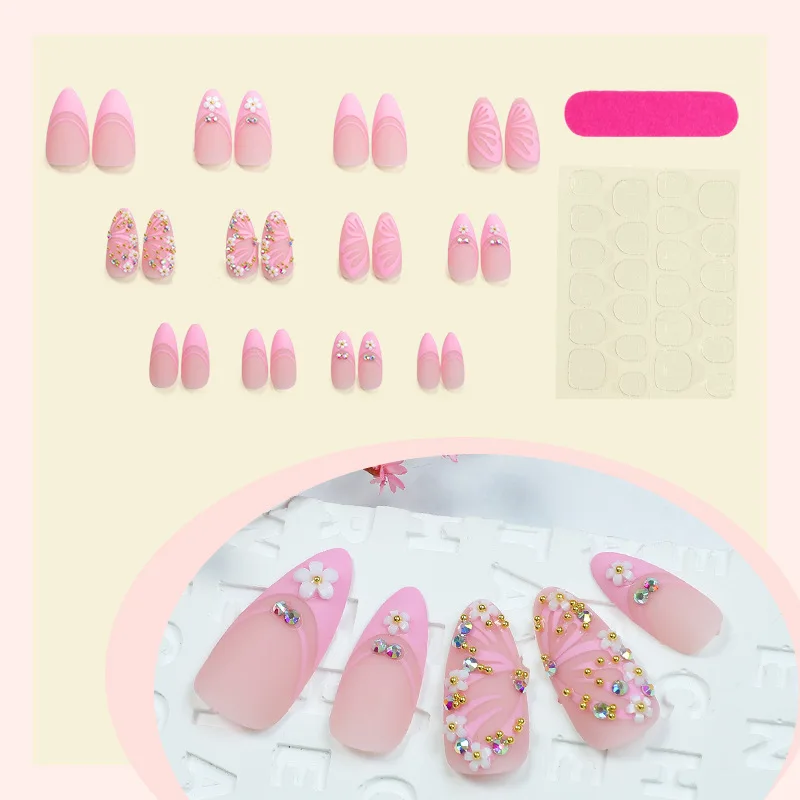 Almond-shaped Handmade Butterfly Wearing Nail Flower French Manicure Press-on Nails Pink Patch Finished Sticker
