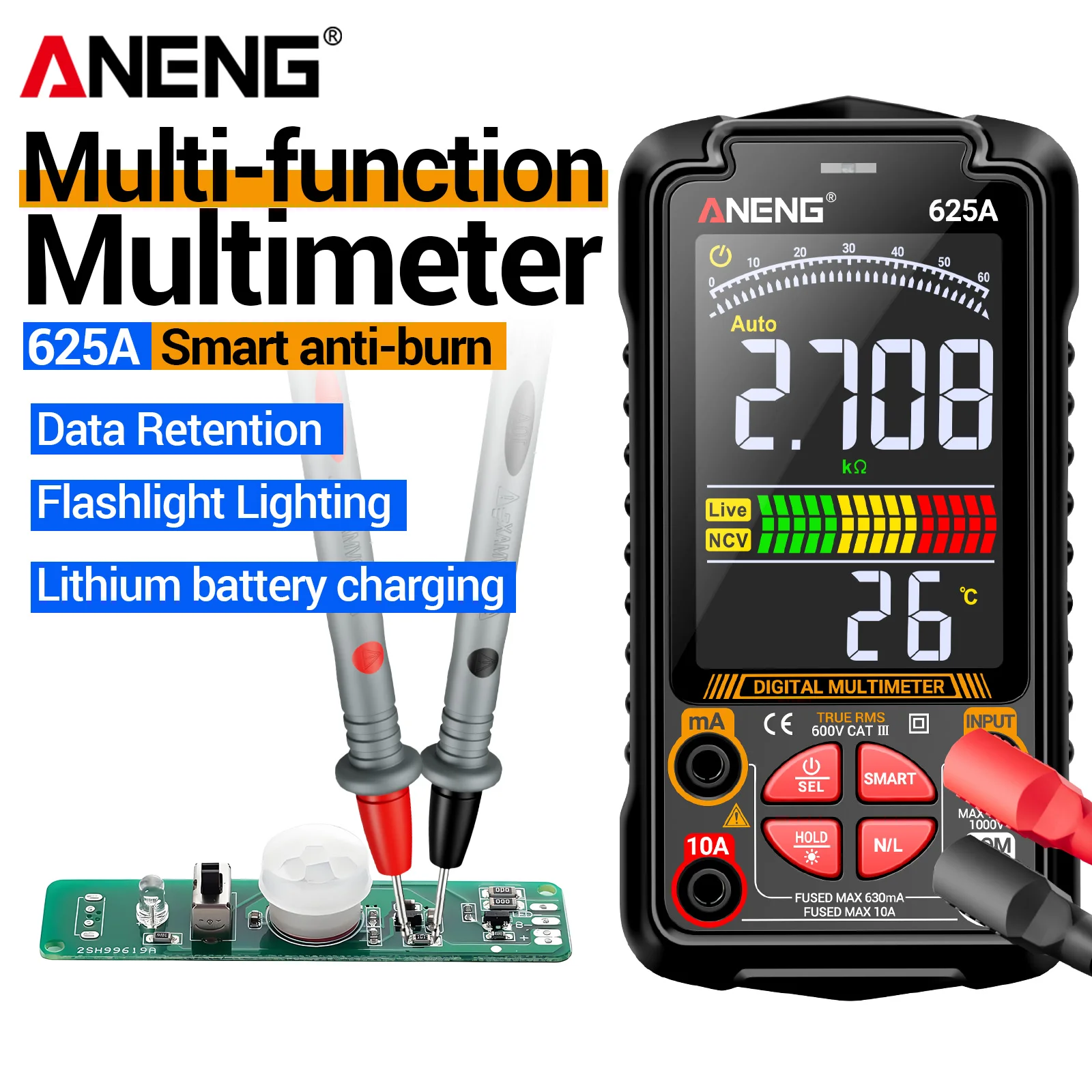 ANENG 625A Digital-Multimeter 6000 Zählungen True RMS 1000V AC/DC 10A NCV Temperaturmessung Wiederaufladbar Automatische Bereichswahl VA-Display Tragbares Werkzeug