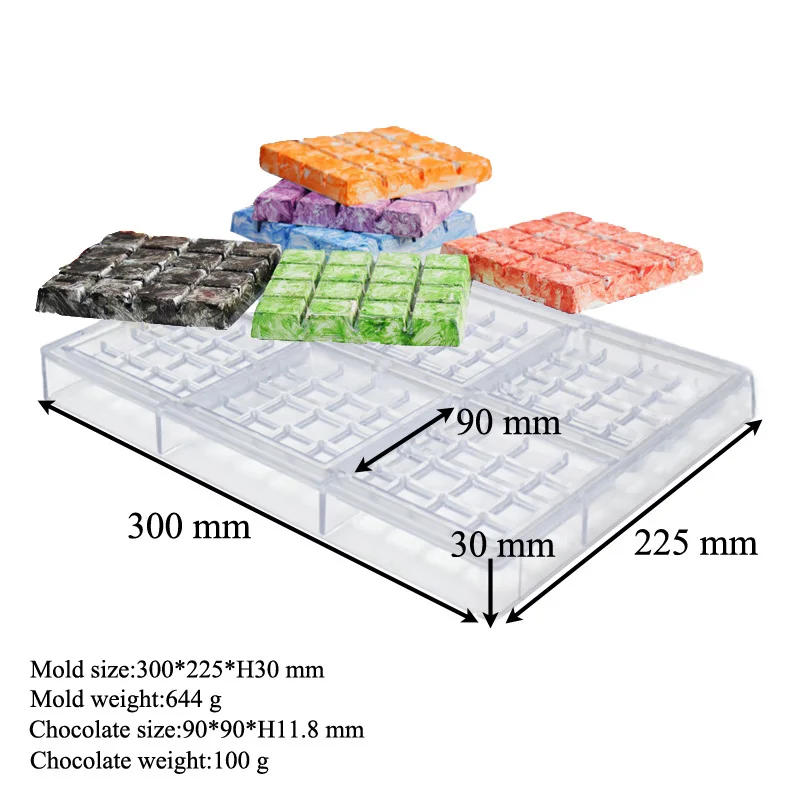 6 Cells Square Grid Choc Moulds Polycarbonate Chocolate Molds Durable Confectionery Baking Tools Transparent PC Candy Bake Tray