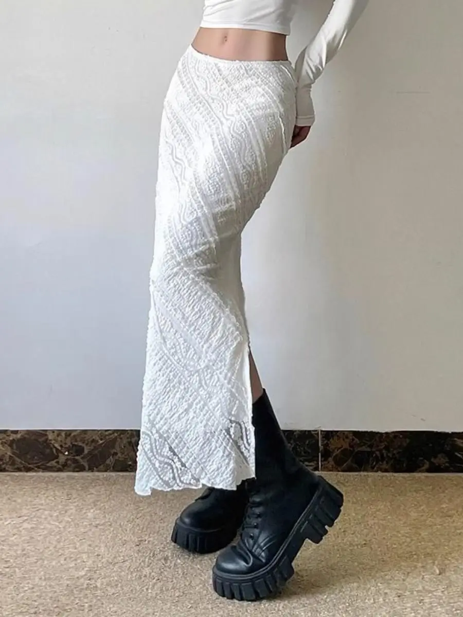 Elegant White Lace Skirt for Women Vintage Style Slim Fit Package Hip Long Skirt Slit Y2k Casual Fashion Clothes Summer