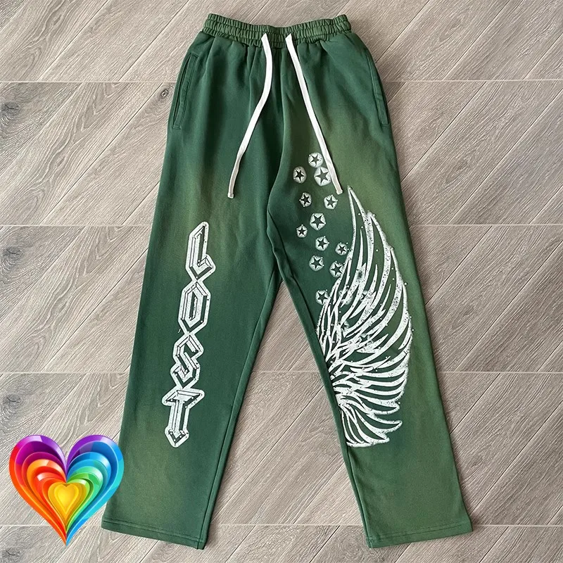 

Green Lost Intricacy Embroidery Rhinestone Wings Print Sweatpants Men Women High Quality Loose Drawstring Terry Track Pants