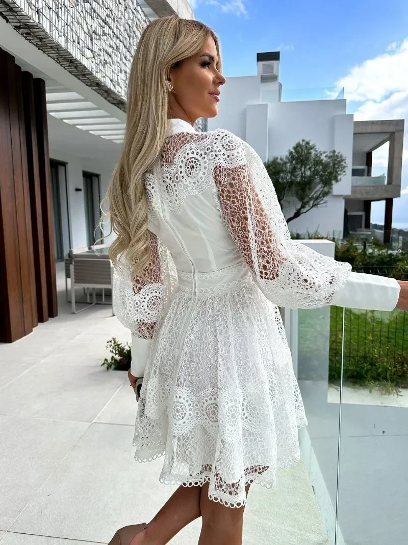 Summer White Long Dresses for Women Cut Out Embroidery Dress Woman Long Sleeve Elegant Party Midi Dresses Women