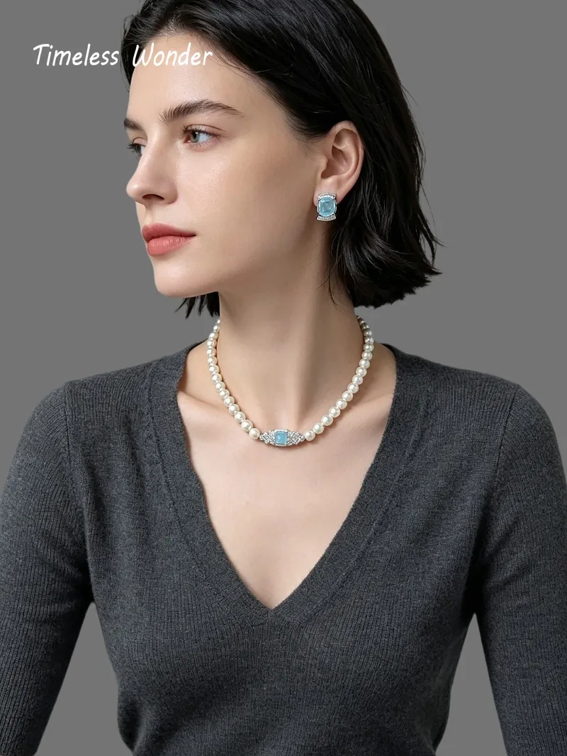 Timeless Wonder Fancy Zircon Geo Glass Pearl Pave Necklace N Button Earrings Women Designer Jewelry Set Trendy Rare Neat 4612