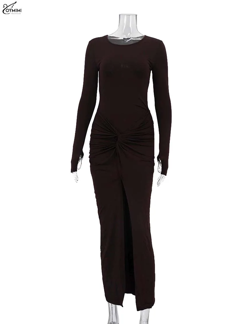Oymimi-vestidos negros elegantes con cuello redondo para mujer, moda nueva, vestidos lisos ajustados de manga larga, conjuntos de faldas hasta el tobillo con abertura informal