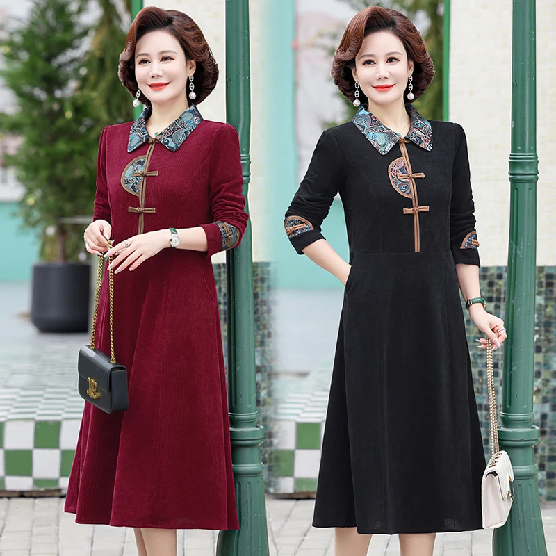 

Retro lapel collar Dress Long Sleeve Women's Autumn New High-End Ladies Elegant Party Dress Midi Vestidos