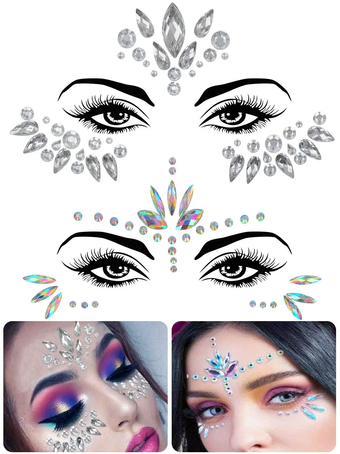 8pcs Face Festival Stickers 3D Diamond Temporary Tattoo Kids Show Makeup Halloween Party DIY Face Jewelry Tattoo Decoration