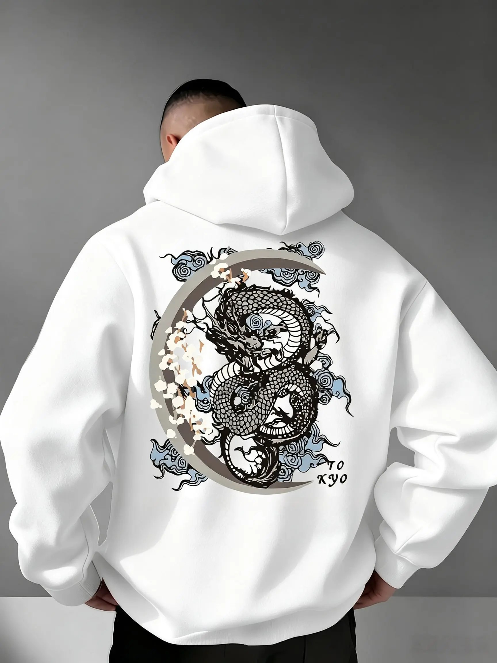 Men's Autumn/Winter Niche Fashion Hoodie – FeaturingTrendy Tokyo Dragon & Moon Print Comfortable Relaxed Fit Effortlessly Casual