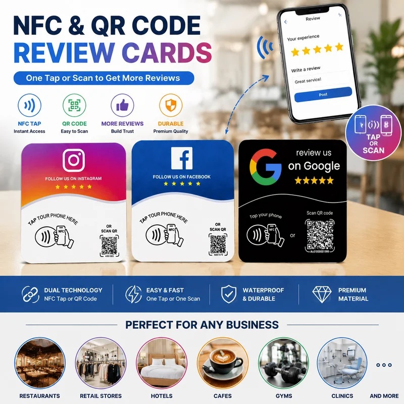 Custom QR Code Sign Acrylic Google NFC+QR Code Card Programmable NTAG215 Chip Printable Square NFC Tag Card Tap Google Reviews
