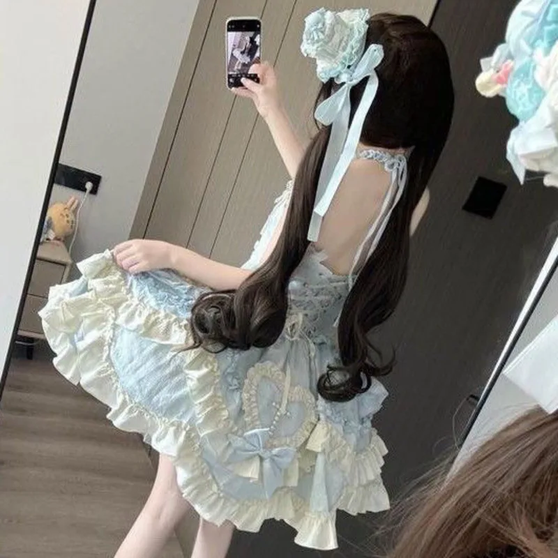 Vestidos de arco midi vestidos de flores princesa jk lolita y2k doce pescoço gravata renda camadas a linha saia menina vestidos de festa novo