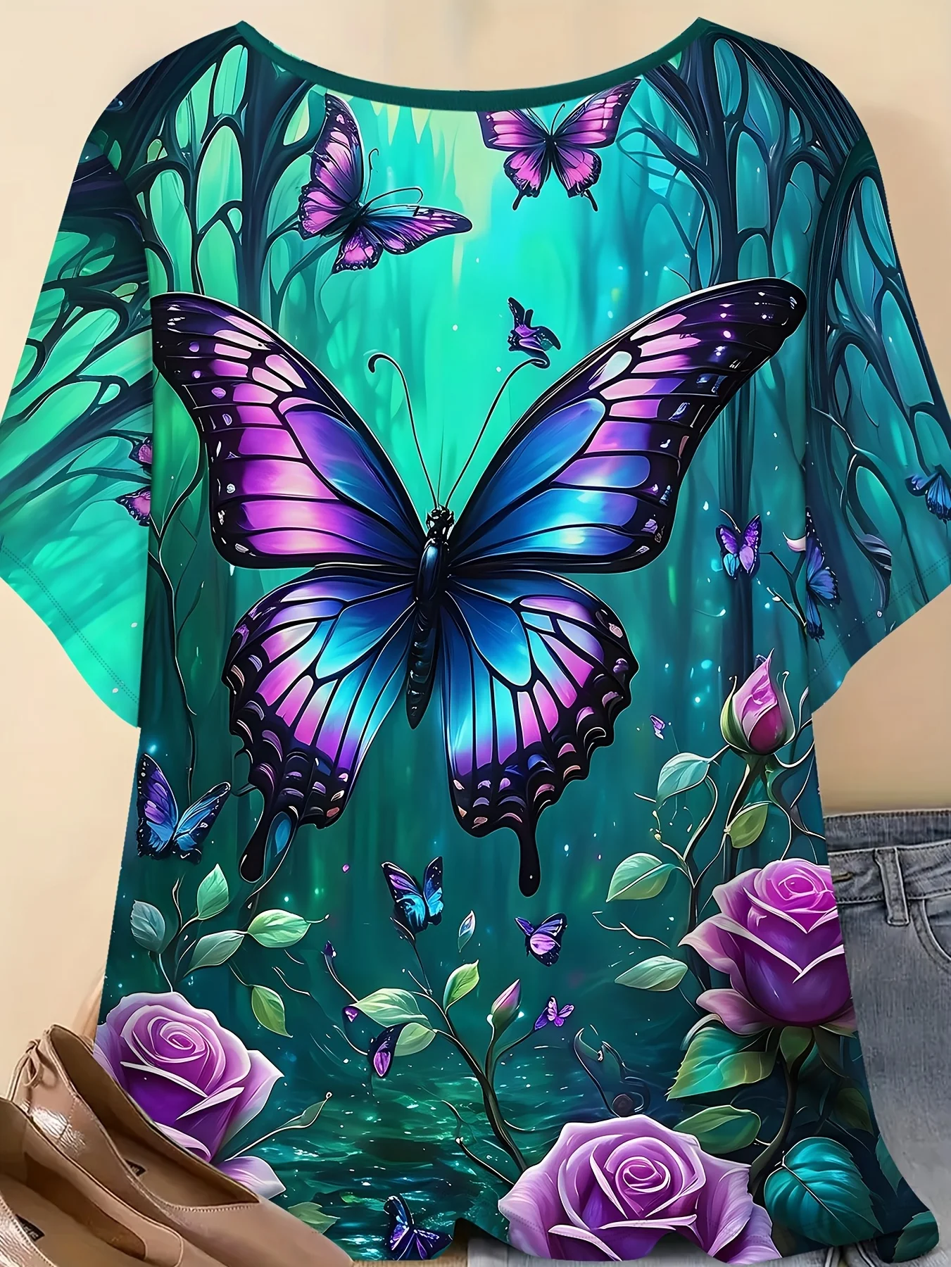 Women Crew Neck Short Sleeve T‑Shirt, Fantasy Butterfly Purple Rose Forest Nature Art Graphic Casual Summer Tee