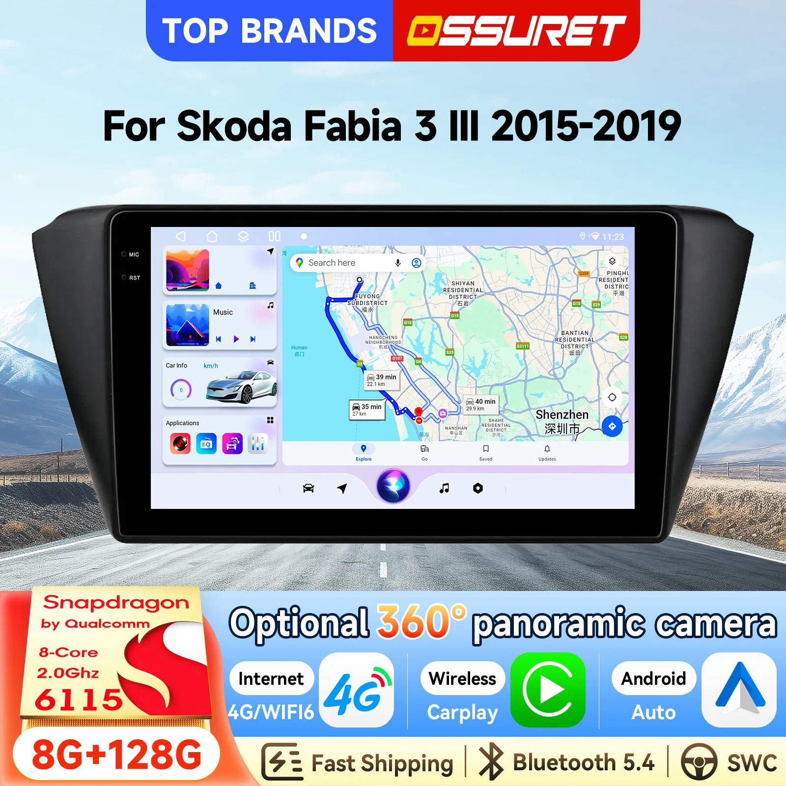 OSSURET Consegna Rapida 9'' 2 Din Android15 Octa Core 6115 Autoradio per Skoda Fabia 3 III 2015-2019 Unità Principale Intelligente Autoradio Carplay Android Auto Lettore Multimediale Video Schermo RDS