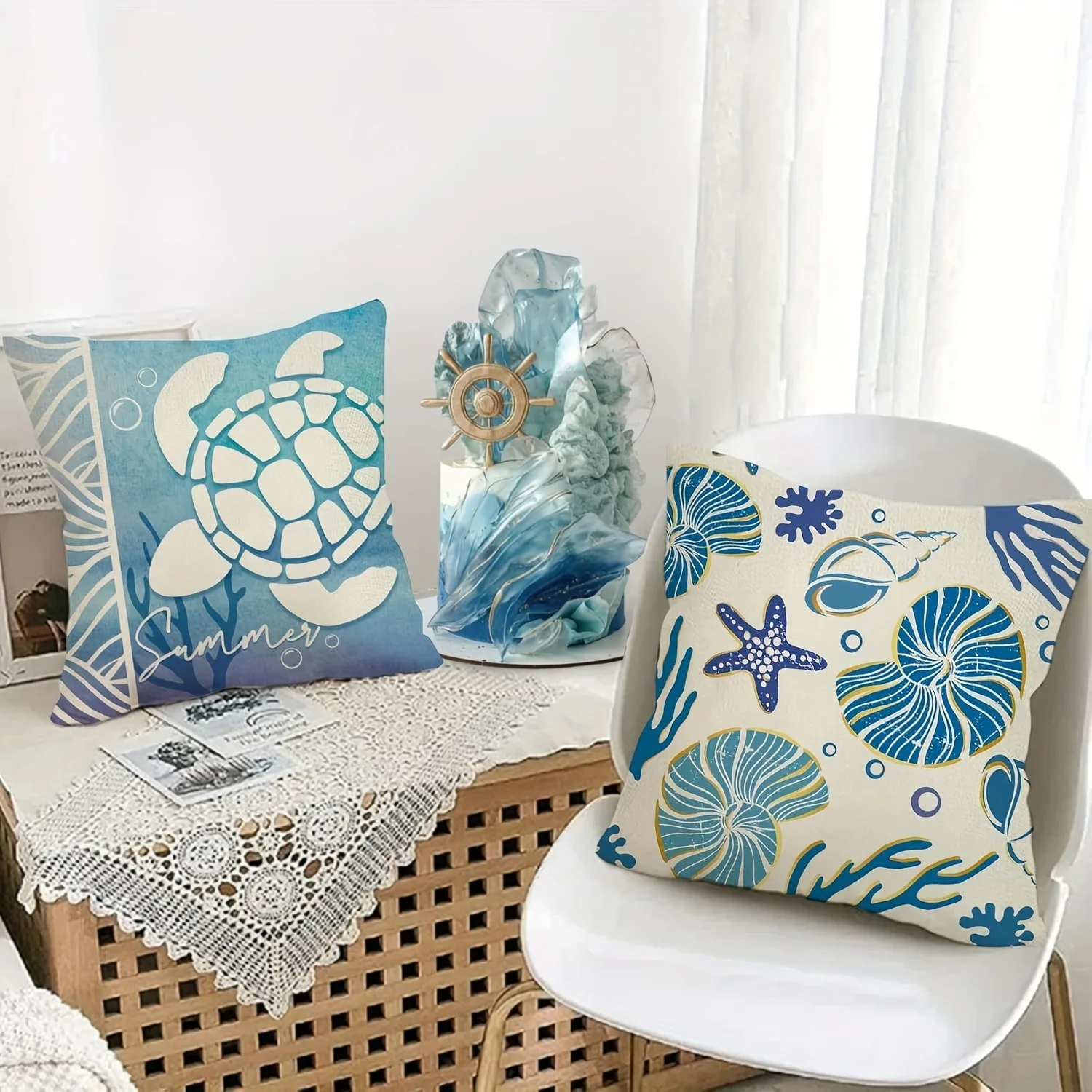 4pc Blue Ocean Pillowcase with Turtle Shell and ScallopsSuitable for sofa car bedroom decorative cushion cover pillow cover