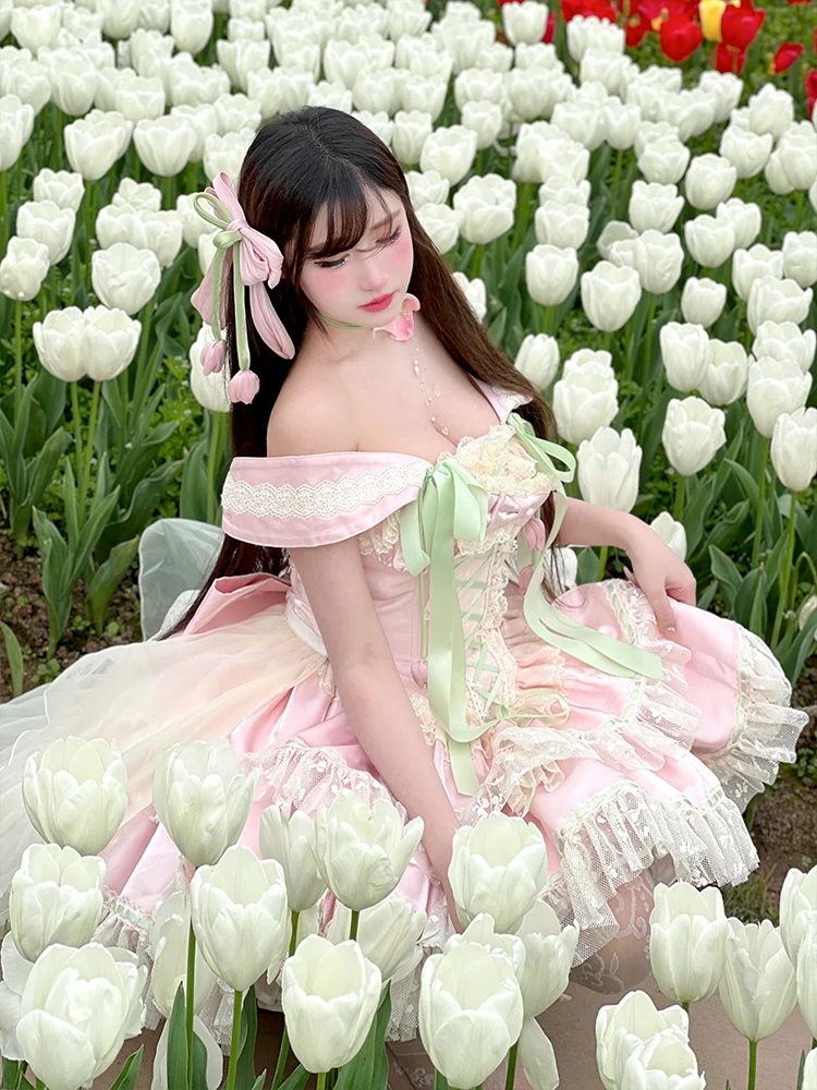 Japanese Original Dream Sweet Lolita One Word Shoulder Dress Fairy Princess Style Bow Doll Feeling Jsk Suspender Dresses