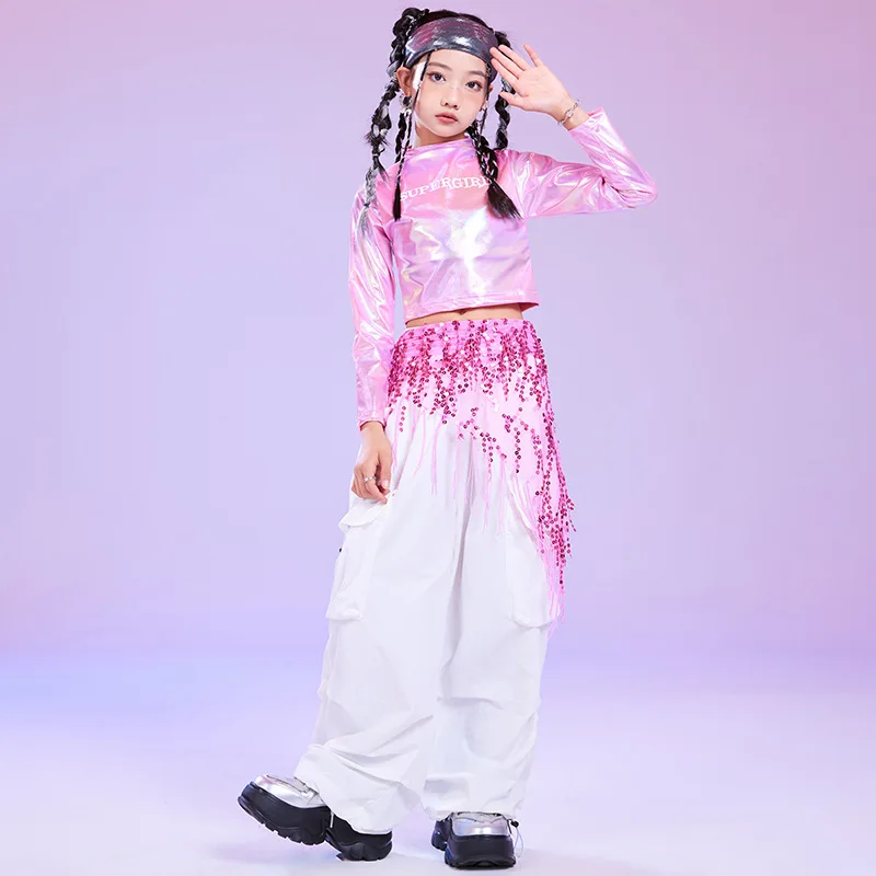 Kid Hip Hop Clothing Pink Laser Crop Top Long Sleeve T Shirt White Casual Ruched Cargo Pants for Girl Jazz Dance Costume Clothes