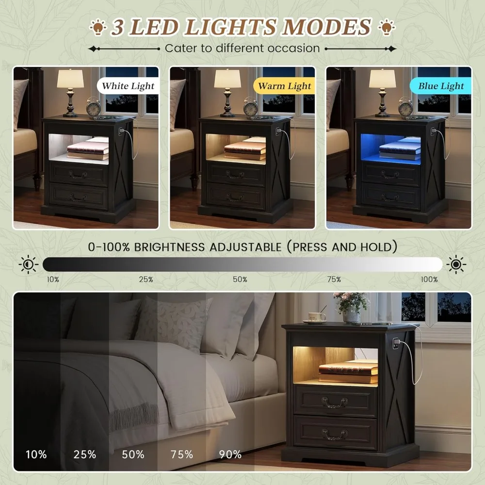 منضدة سوداء مع درج مسدس، طاولة بجانب السرير مع قاعدة شحن، حامل ليلي مع ضوء LED ومستشعر بشري، طاولة نهائية واي فاي #5