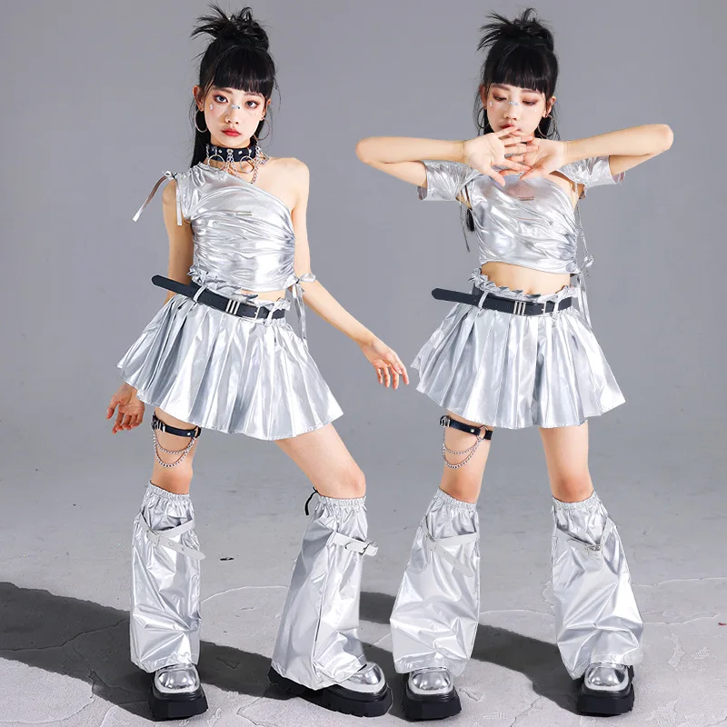 Jazz kpop dança traje meninas prata colheita superior saia plissada conjunto moda passarelas mostrar roupa crianças rua legal streetwear