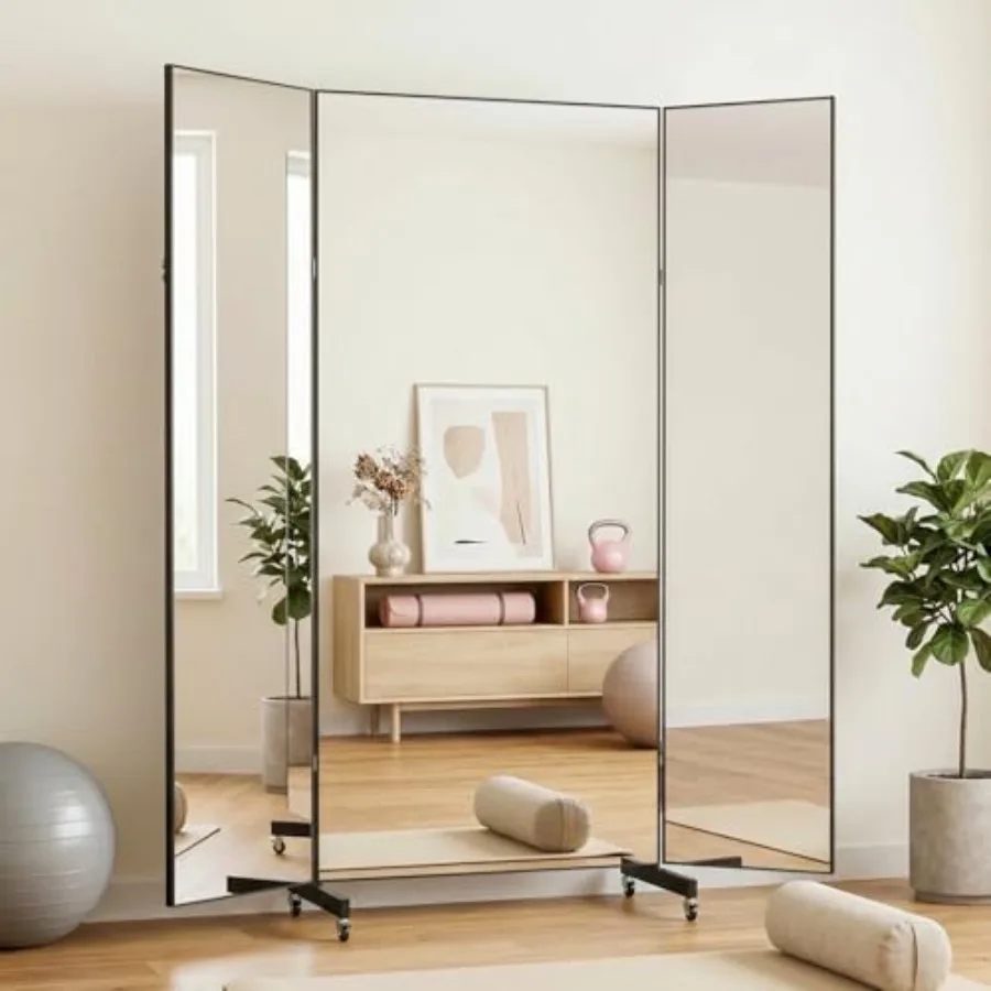 Full Length Mirror with 360 Wheels 47 x 63 Foldable Floor Mirror with Nano-Tech Shatterproof F - Ultra-Large Mobile Mirror for