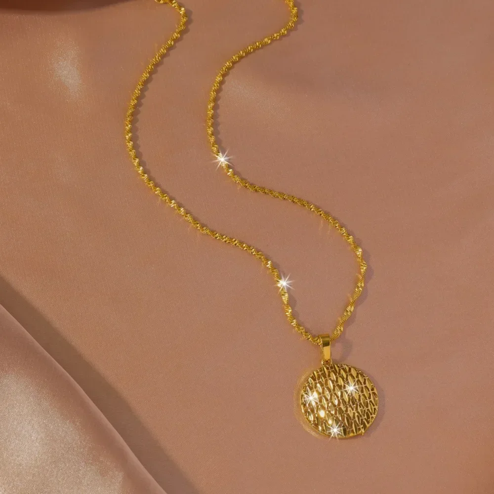 Goldpure High-end Design Versatile Women's 9999 24K Real Gold Geometric Round Pendant Necklace Hollow Pendant