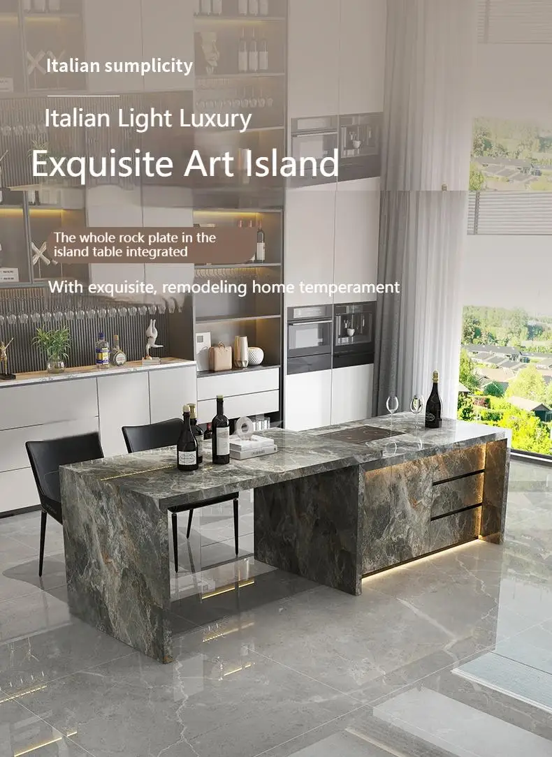 جزيرة مطبخ متعددة الوظائف قابلة للتمديد، طاولة طعام وسطح حجري للمطبخ المفتوح، مقاومة للبقع ومتينة، مخصصة