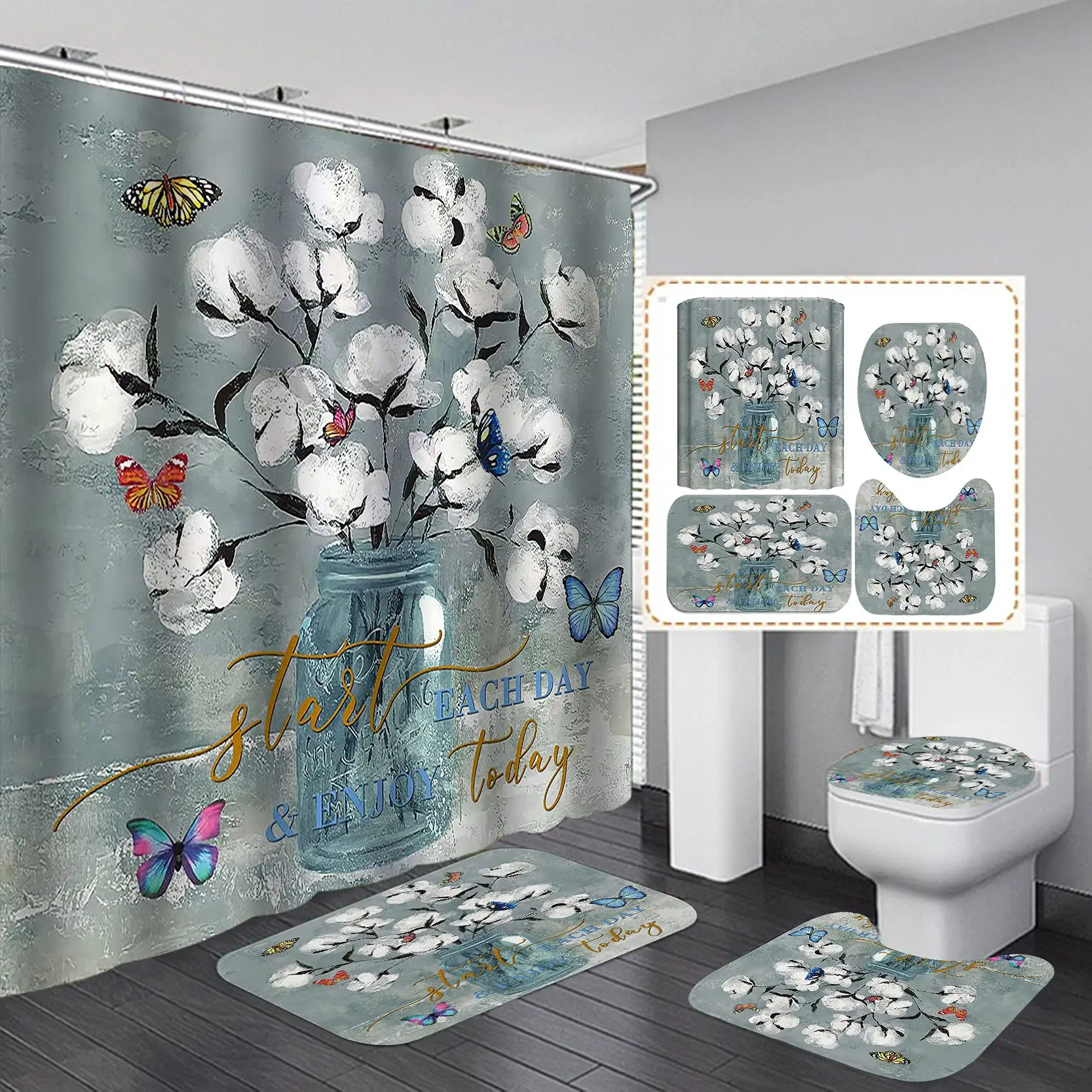 Floral Pottery Vase Shower Curtain Set Vintage Country Flower  Bird  Art Bathroom  Non-Slip Bath Rugs Toilet Mat