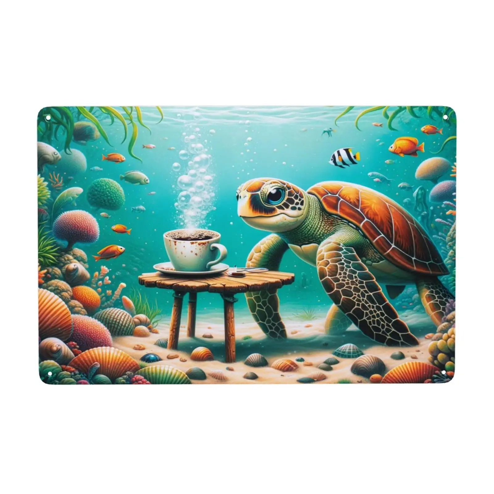 Serene Undersea Coffee Break Nautical Home Decor Tin Sign with Sea Turtle,Coral Reef Metal signs Wall Art decor for Coastal Them