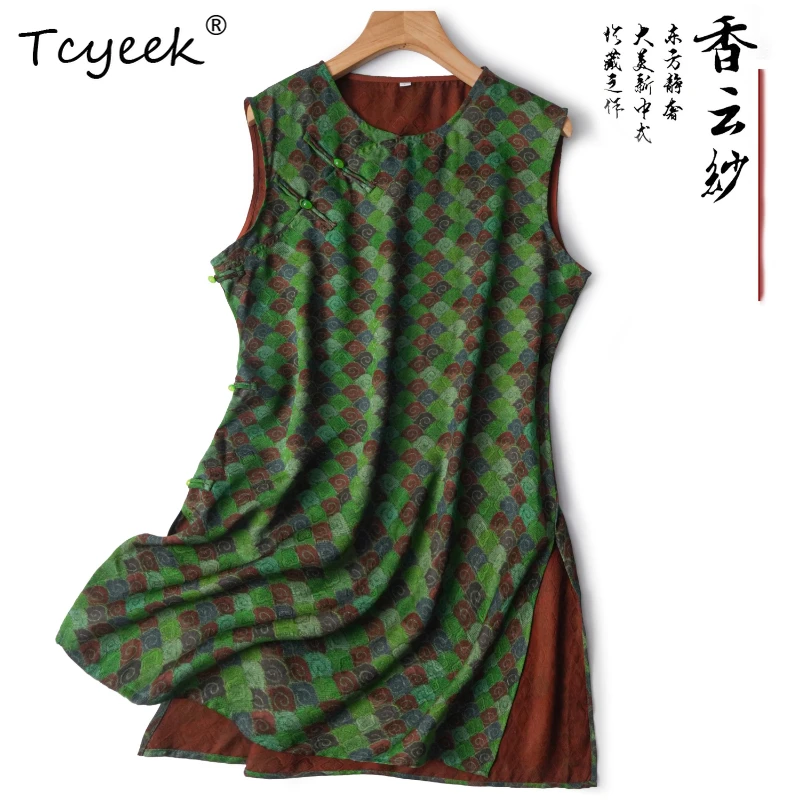 

Tcyeek 100% Mulberry Silk Summer Thin New Chinese Style Sleeveless Standing Collar Medium Length Women T-shirts Футболки Женскиe
