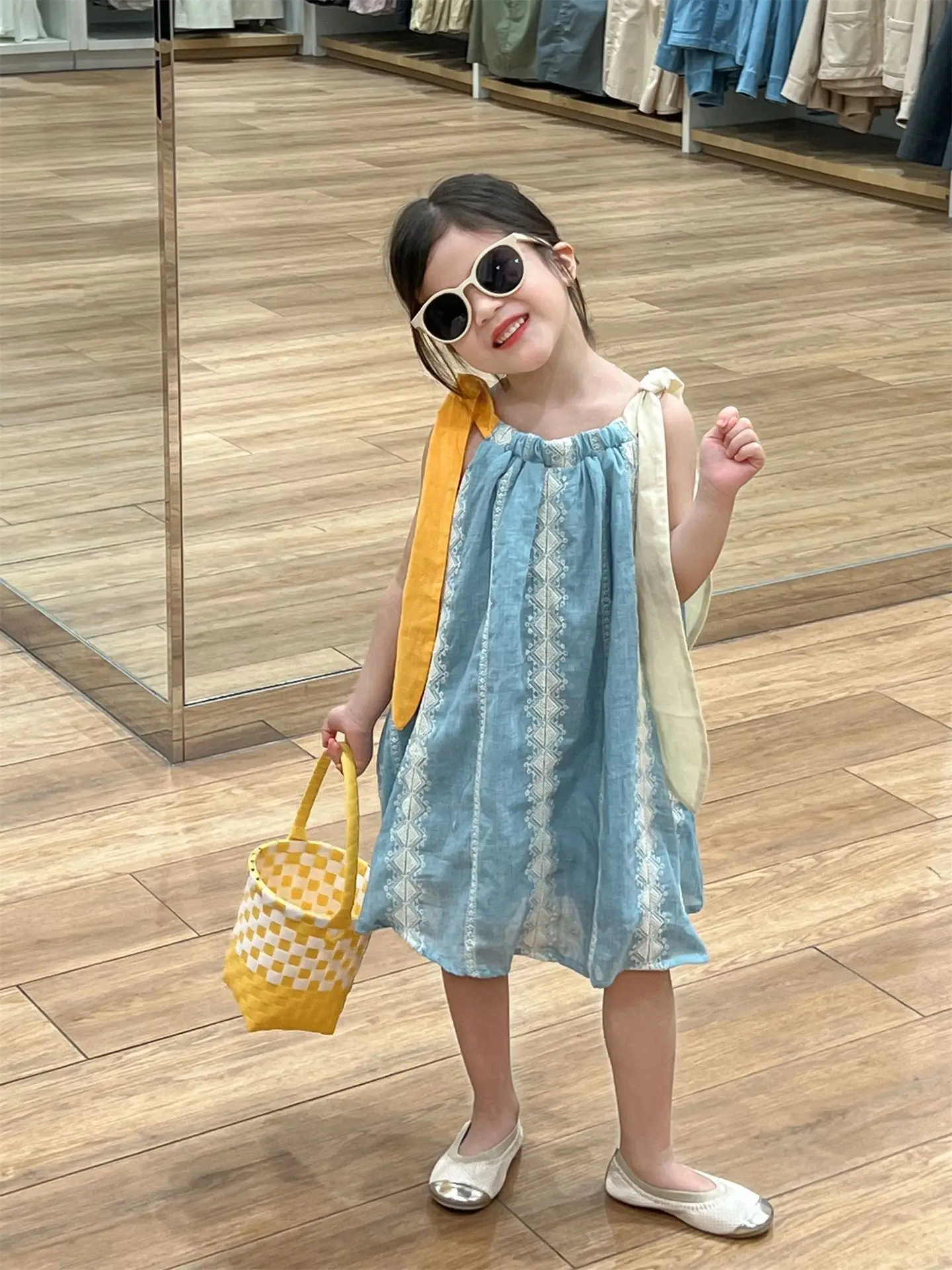 Girls Dress 2024 Summer Korean Style Chlidren Clothes New Girls Embroidery Fresh Matching Color Strap Slip Lace Sweet Dress