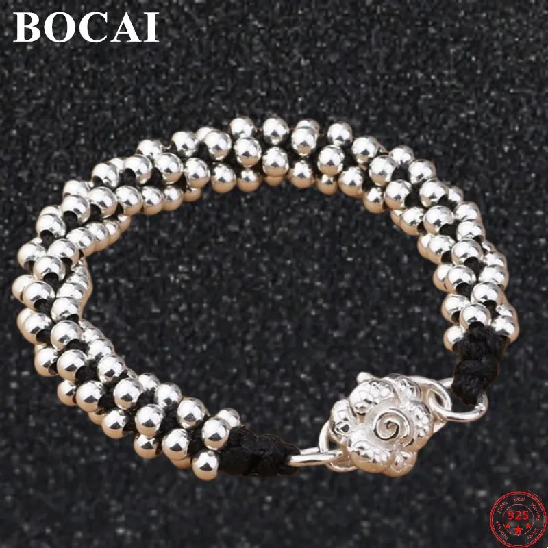 

BOCAI S925 Sterling Silver Bracelet for Women Creative Emboss Rose 4mm Argentum Beads Weaven Wax Rope-chain Jewelry Wholesale