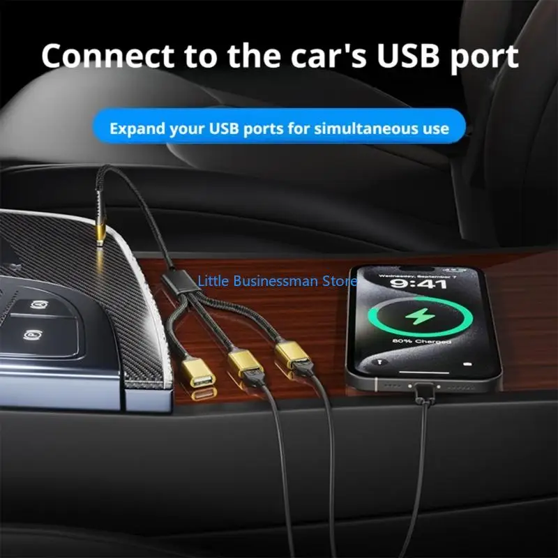 USB Type C Splitter Cable with Input and Three Outputs, Driverless Tool-Less Use, and Black Cable Exterior Construction M76A