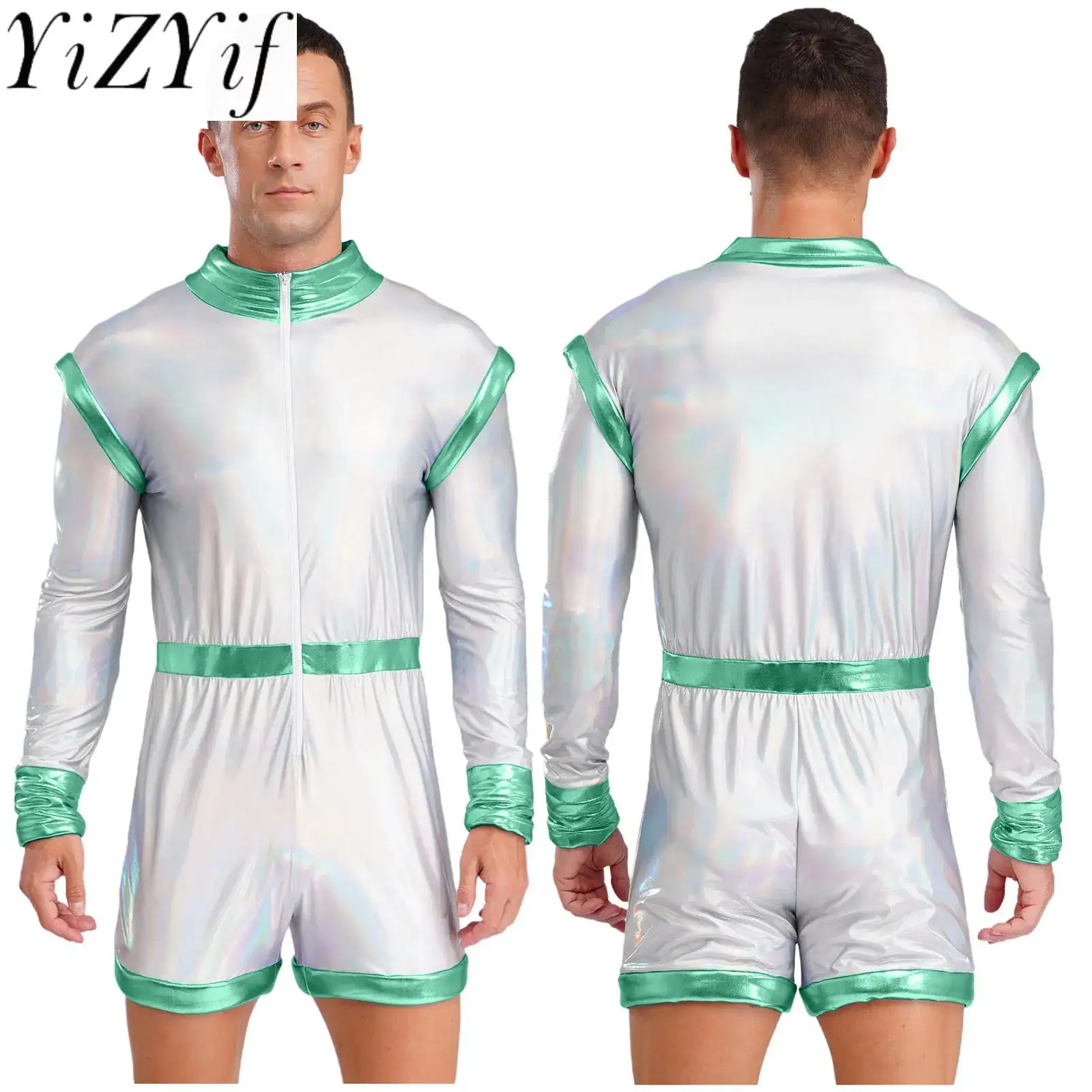 

Men Shiny Alien Astronaut Space Cosplay Rompers Carnival Long Sleeve Silver Robot Outer Space Bodysuit for Halloween Party Wear