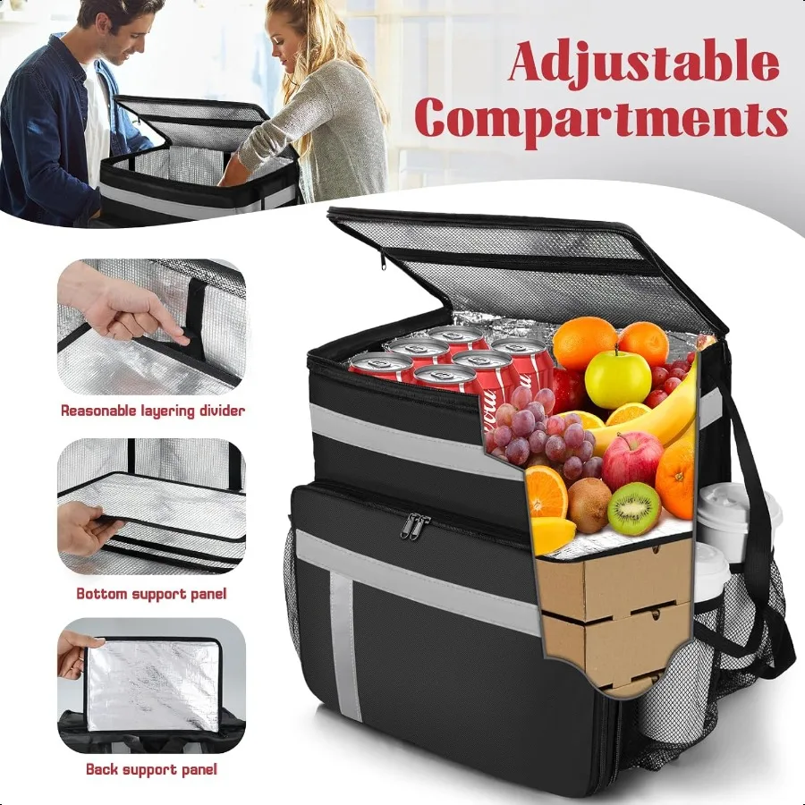 Mochila para entrega de alimentos, bolsa isolada expansível para entrega de alimentos, bicicleta com faixa reflexiva, grande bolsa para entrega de pizza