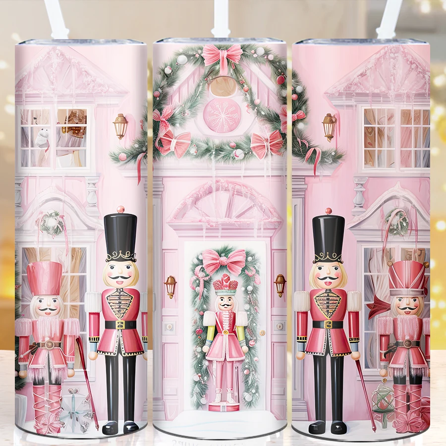 1Pc Printing Pink Nutcracker House Festive Party Tumbler Straw Lid 20oz Stainless Hot Cold Insulated Coffee Mugs Birthday Gifts