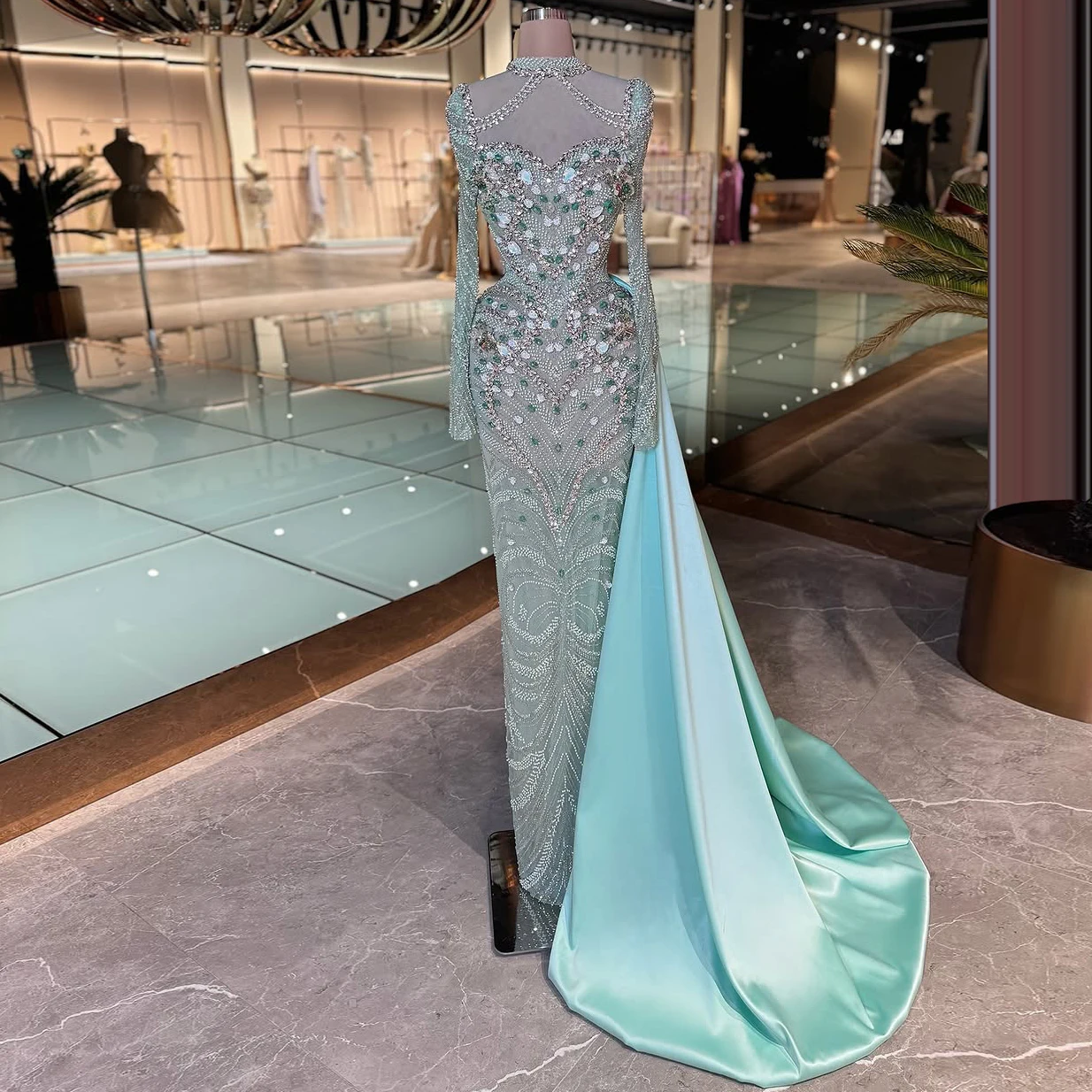 

Lace Long Sleeve Rhinestone Beaded Evening Dresses Detachable Dragtail Fishtail Dresses