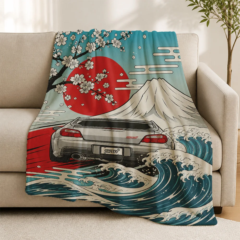 Kawaii Japanese Sakura Mount Fuji Wave Car Print Sofa Throw Blanket Anime Style Cozy Fleece Couch Decor Gift Home Decoration