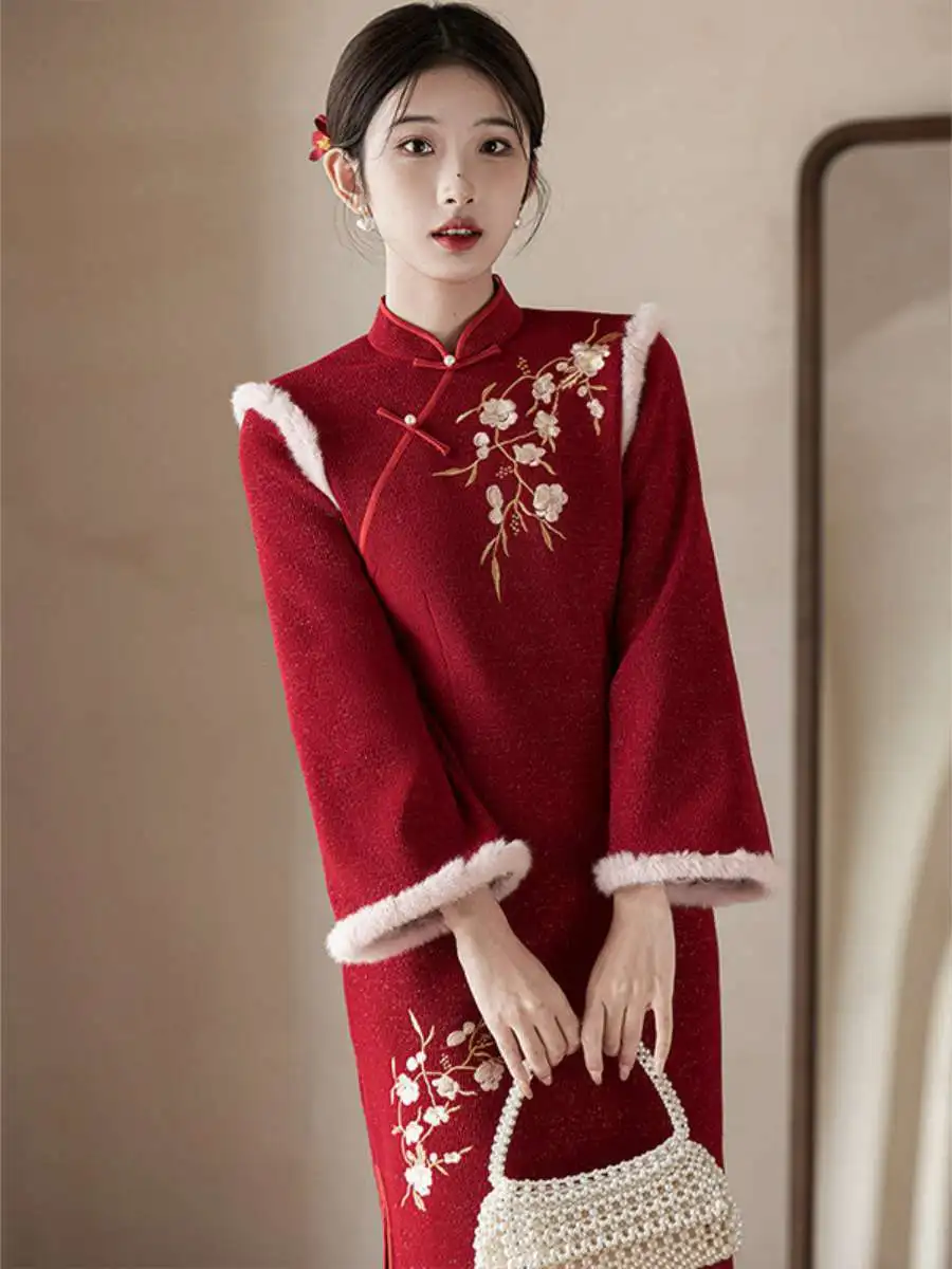 

Красное пальто Fro с вышивкой, свадебное пальто Dr Thiened Fce, зимнее новое китайское пальто для церемонии помолвки Dr Long Sve