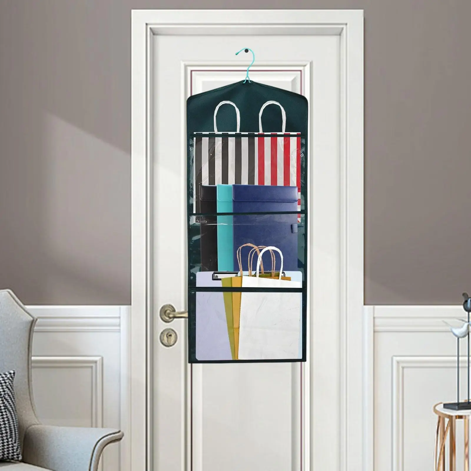 

Hanging Wrapping Paper Storage Cabinet with Multiple Pockets Space Saving Wrapper Bag Container Convenient Gift Bag Organizer