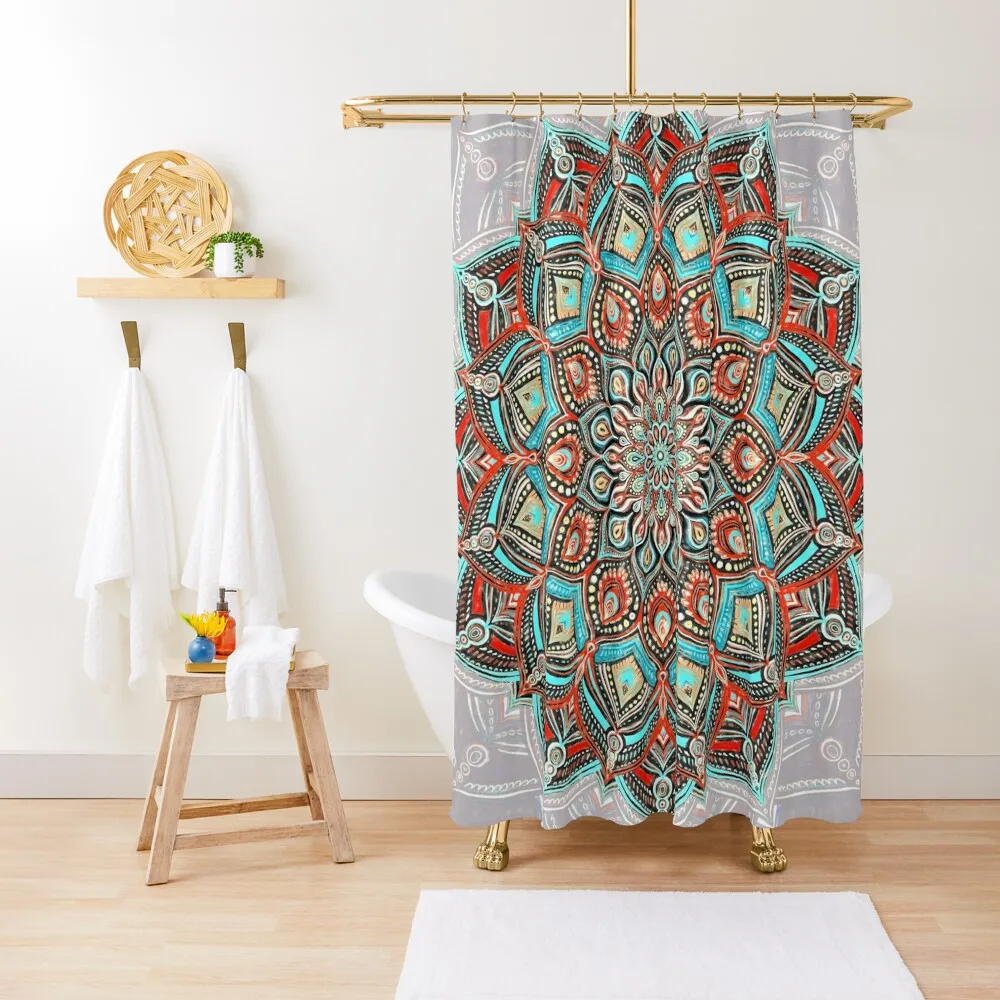 

Teal, Red and Black Boho Painted Mandala Shower Curtain Waterproof Shower Shower For Bathrooms Curtain
