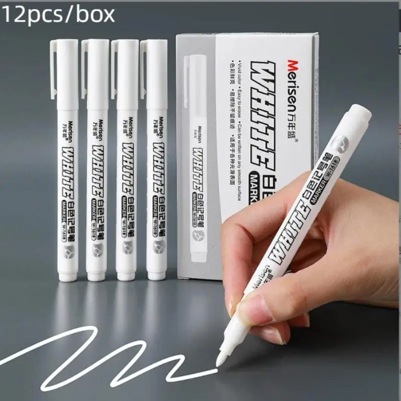 12pcs/Box Permanent White Marker Pens With Opaque Quick Drying Ink Smooth Tip For Diy Crafts Art Drawing Dark Surface Marking
