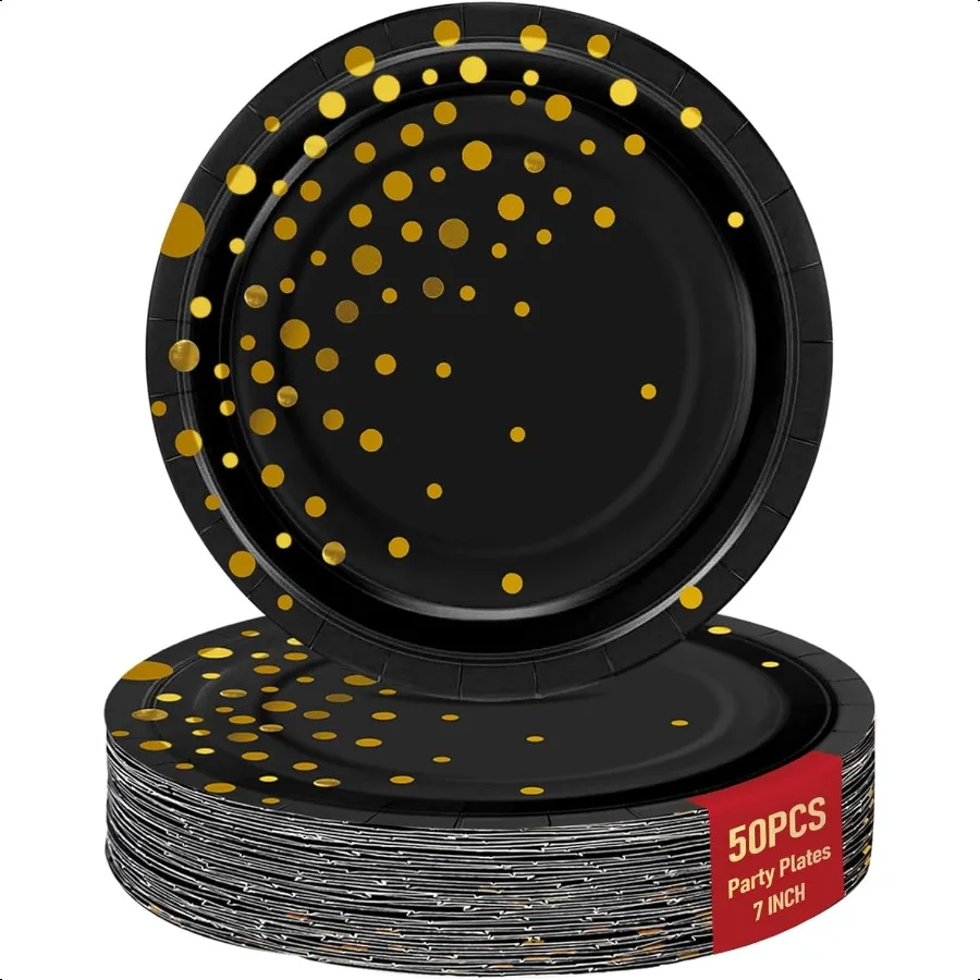 

Бумажные тарелки из черного золота для вечеринки, 7 утолщенных золотых тарелок в горошек, 50 шт., тарелки для торта на день рождения для вечеринки в помещении и на открытом воздухе pliesDe