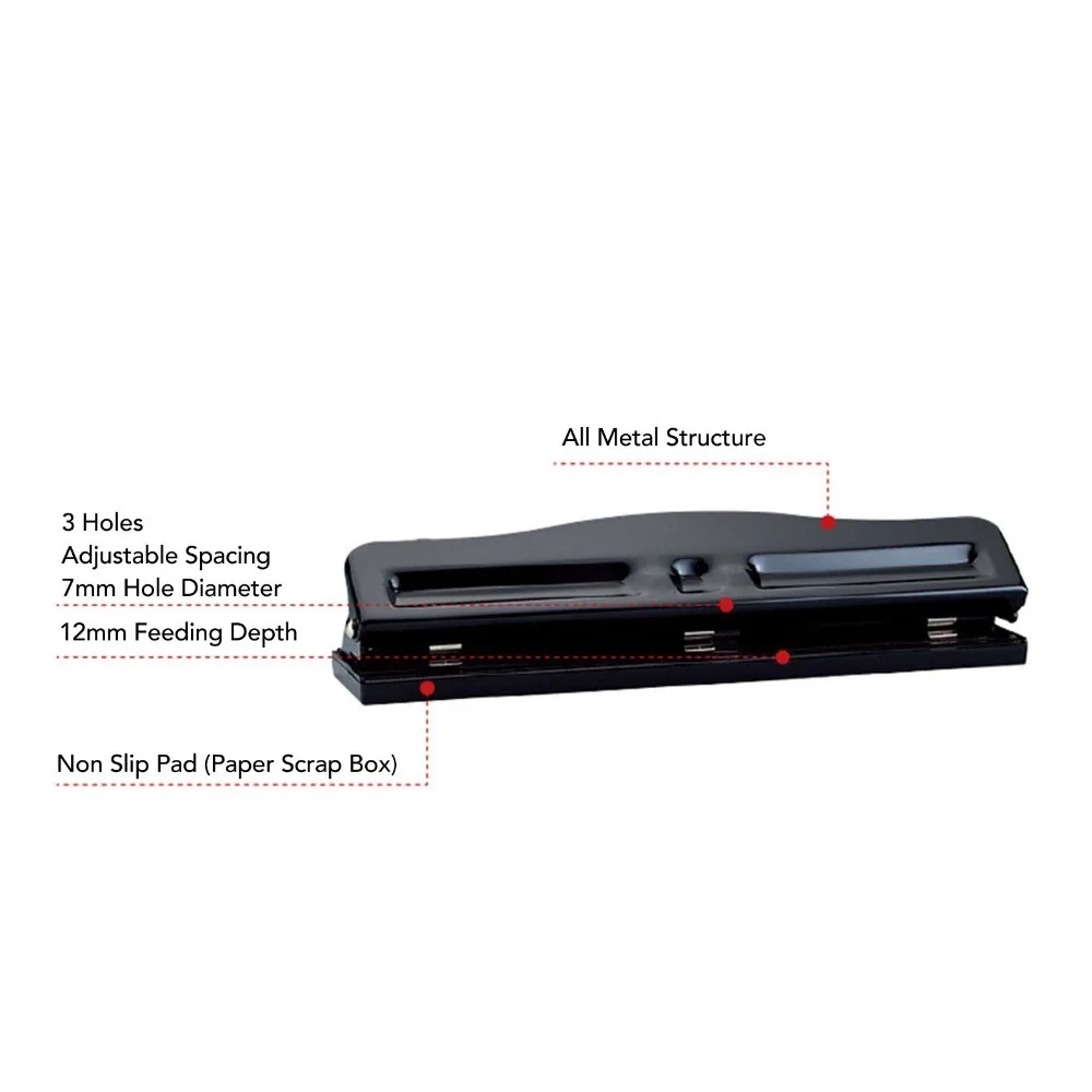 Desktop Metal 3 Hole Puncher 10 Sheet Capacity Adjustable Spacing Hole Punch Practical Adjustable Hole Punch Manual Use