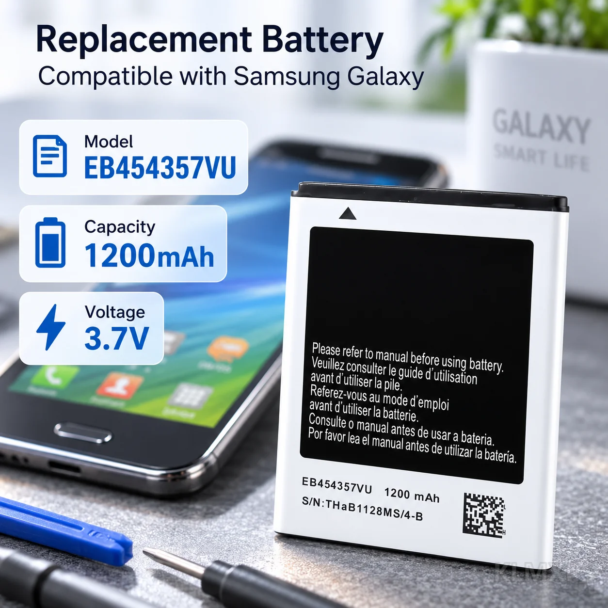 Replacement Battery EB454357VU 1200mAh For Samsung Galaxy Y S5360, Wave538, Y Pro B5510, Wave S5380, Pocket S5300, Chat B5330