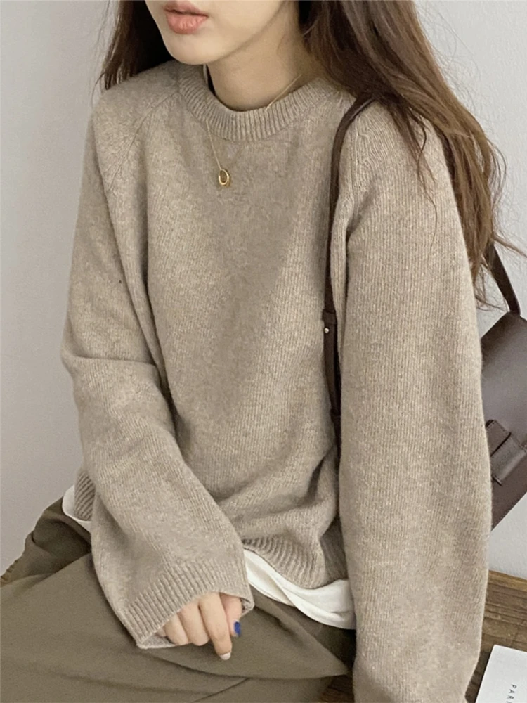 REALEFT Autumn Winter O-Neck Women's Sweater 2023 New Casual Loose Long Sleeve Sweaters Ladies Chic Knitted Pullover Female