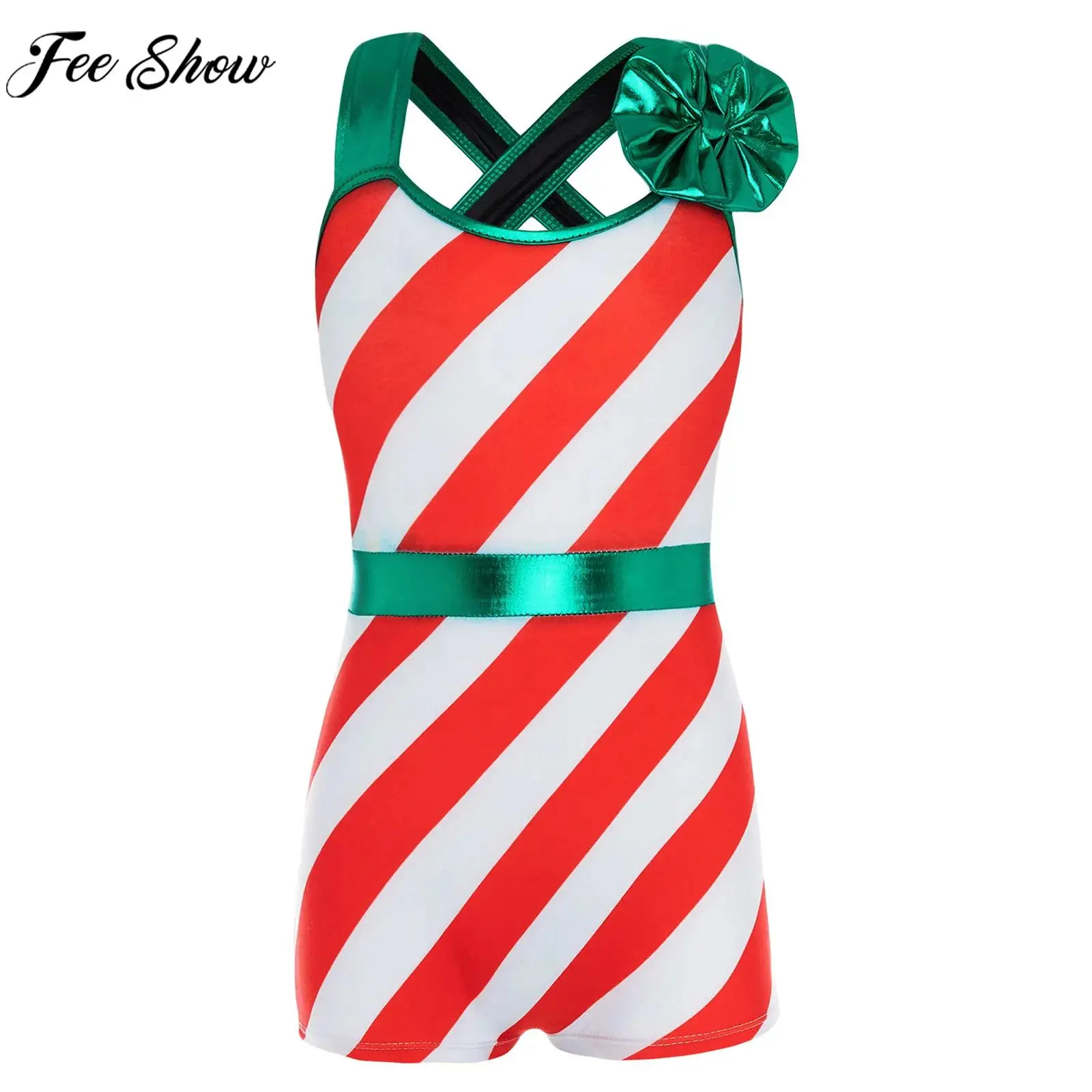 Kids Girls Christmas Ballet Dance Leotard Sleeveless Stripes Print Bodysuit Skating Gymnastics Jumpsuit Circus Cosplay Costume